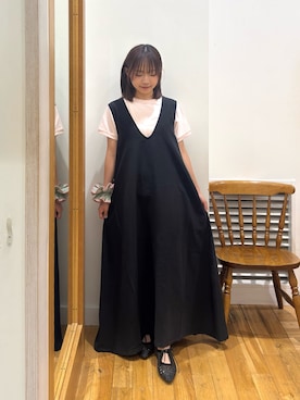 「FORK&SPOON（フォークアンドスプーン）のFORK&SPOON　テントラインワンピース（ワンピース、ブラック系）」を使った、Miaさん（レディース・153cm）の夏コーディネート
