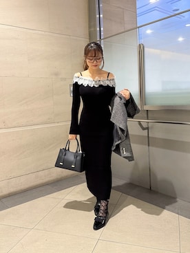 「PROPORTION BODY DRESSING(プロポーションボディドレッシング)のレースオフショルニットワンピース / 1216240006(ワンピース、ブラック系)」を使った、165cmpbdさん(レディース・165cm)の秋コーディネート