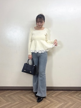 「PROPORTION BODY DRESSING(プロポーションボディドレッシング)の<a>フレアーデニム / 1216230801(デニムパンツ、ブルー系)」を使った、165cmpbdさん(レディース・165cm)の秋コーディネート