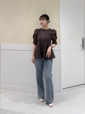 「NATURAL BEAUTY BASIC（ナチュラルビューティーベーシック）の【追加生産予約】シアーペプラムブラウス半袖（シャツ/ブラウス、ブラウン系）」を使った、ririi96さん（レディース・158cm）の夏コーディネート