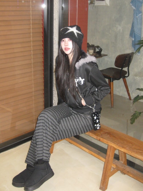 パーカー ファー付きY2Kダブルジップアップパーカー レディース