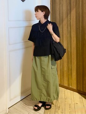 「Cutie Blonde（キューティーブロンド）の【S-LL】一枚でサマ見え チュールドッキングシャツ（シャツ/ブラウス、ブラック系）」を使った、WAさん（レディース・158cm）の夏コーディネート