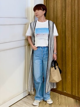「Cutie Blonde（キューティーブロンド）の【S-LL】羽織るだけでサマ見え バイカラーレースジレ（ベスト、ブラック系）」を使った、WAさん（レディース・158cm）の春コーディネート