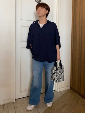 「SHOO・LA・RUE（シューラルー）の【洗濯後しわになりにくい/体型カバー】大人の抜け感 ポンチョ風ゆったりカラーシャツ（シャツ/ブラウス、ブルー系）」を使った、WAさん（レディース・158cm）の春コーディネート