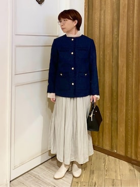「SHOO・LA・RUE（シューラルー）の【S-3L/セレモニーからデイリーまで】フリンジツイードジャケット（ノーカラージャケット、ブルー系）」を使った、WAさん（レディース・158cm）の冬コーディネート
