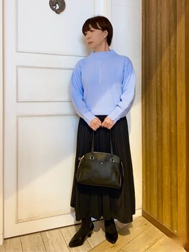 「SHOO・LA・RUE（シューラルー）の【毛玉になりにくい/洗濯機可/S-LL】お袖パールの上品ニット（ニット/セーター、ブルー系）」を使った、WAさん（レディース・158cm）の冬コーディネート