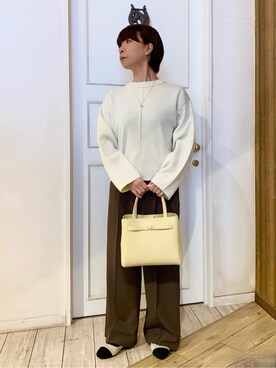 「SHOO・LA・RUE（シューラルー）のダブルフェイス配色ニット（ニット/セーター、ホワイト系）」を使った、WAさん（レディース・158cm）の冬コーディネート
