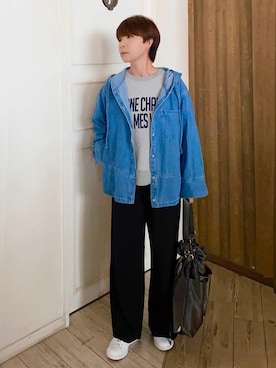 「SHOO・LA・RUE（シューラルー）の【S-LL】こなれ感ある着こなしに デニムフーディーブルゾン（デニムジャケット、ブルー系）」を使った、WAさん（レディース・158cm）の秋コーディネート