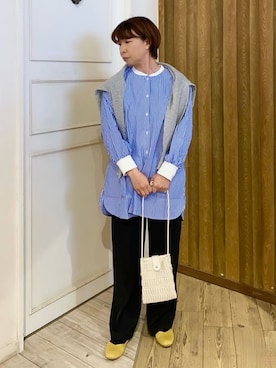 「SHOO・LA・RUE（シューラルー）の【洗える/S-LL】リブでこなれ感 ゆるっと着られる ロングシャツ（チュニック、ブルー系）」を使った、WAさん（レディース・158cm）の春コーディネート
