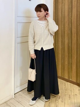 「SHOO・LA・RUE（シューラルー）の【洗える】ざっくり編みが大人かわいい キーネックカーディガン（カーディガン/ボレロ、ベージュ系）」を使った、WAさん（レディース・158cm）の春コーディネート
