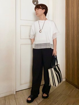 「SHOO・LA・RUE（シューラルー）の【洗濯機可/ひんやり/体型カバー/S-LL】レース使いがポイント デザインTシャツ（Tシャツ/カットソー、ホワイト系）」を使った、WAさん（レディース・158cm）の春コーディネート