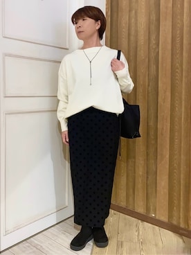 「SHOO・LA・RUE（シューラルー）の【洗える/S-LL】インせず着られる もちもちタッチ ボートネックニット（ニット/セーター、ホワイト系）」を使った、WAさん（レディース・158cm）の冬コーディネート