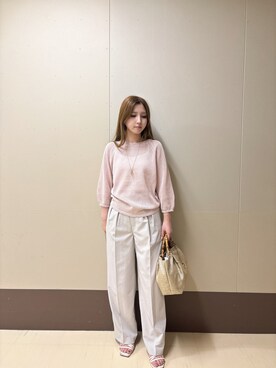 「UNTITLED（アンタイトル）の【洗える/ゆったり】クルーネックドライニット（ニット/セーター、ピンク系）」を使った、rimaさん（レディース・158cm）の夏コーディネート