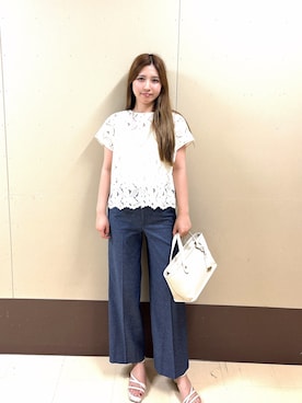 「UNTITLED（アンタイトル）の【セットアップ可/品のある透け感】リーフレースブラウス（シャツ/ブラウス、ホワイト系）」を使った、rimaさん（レディース・158cm）の夏コーディネート