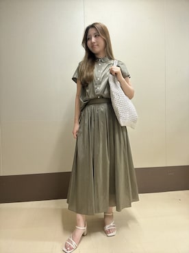 「UNTITLED（アンタイトル）の【セットアップ可/軽量/清涼感】ローンギャザーブラウス（シャツ/ブラウス、グリーン系）」を使った、rimaさん（レディース・158cm）の夏コーディネート