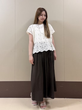 「UNTITLED（アンタイトル）の【セットアップ可/品のある透け感】リーフレースブラウス（シャツ/ブラウス、ホワイト系）」を使った、rimaさん（レディース・158cm）の夏コーディネート