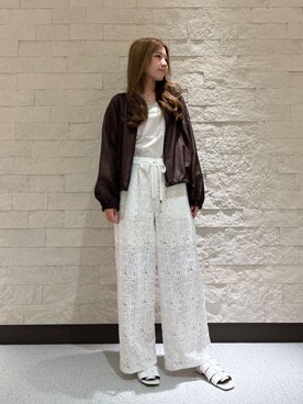 「UNTITLED（アンタイトル）の【セットアップ可能/トレンド】クロシェ風レースワイドパンツ（その他パンツ、ホワイト系）」を使った、rimaさん（レディース・158cm）の夏コーディネート