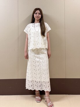 「UNTITLED（アンタイトル）の【セットアップ可/品のある透け感】リーフレースブラウス（シャツ/ブラウス、ホワイト系）」を使った、rimaさん（レディース・158cm）の夏コーディネート