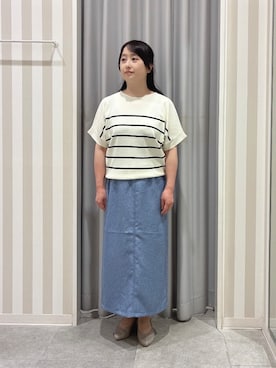 「SHOO・LA・RUE（シューラルー）の【毎日洗える/ひんやり/UV/S-LL】二の腕隠れる さらっとドルマン半袖ニット（ニット/セーター、ベージュ系）」を使った、vanseさん（レディース・155cm）の春コーディネート