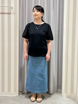 「DRESKIP（ドレスキップ）の【S-LL/ひんやり/UV】お袖シアー バルーントップス（Tシャツ/カットソー、ブラック系）」を使った、vanseさん（レディース・155cm）の夏コーディネート