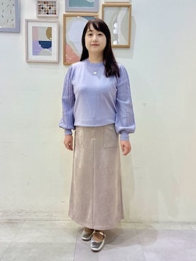 「DRESKIP（ドレスキップ）の【洗濯機可】切り替えデザインで上品見え お袖編み柄ニット（ニット/セーター、ブルー系）」を使った、vanseさん（レディース・155cm）の秋コーディネート