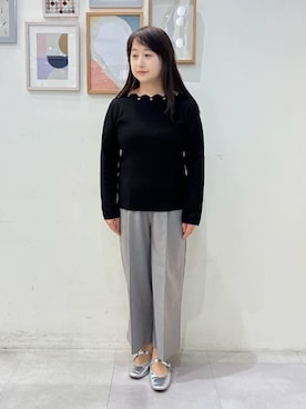 「DRESKIP（ドレスキップ）の【洗濯機可/S-LL】スカラップネックが上品な ビジュー付きニット（ニット/セーター、ブラック系）」を使った、vanseさん（レディース・155cm）の冬コーディネート