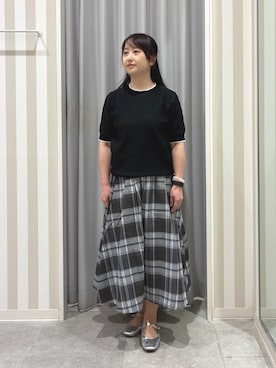「SHOO・LA・RUE（シューラルー）の【洗濯機可/S-LL】ダイヤ編み柄が大人上品 配色半袖ニット（ニット/セーター、ブラック系）」を使った、vanseさん（レディース・155cm）の春コーディネート