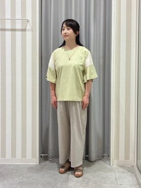 「SHOO・LA・RUE（シューラルー）の【ひんやり/S-LL/洗濯機可】二の腕見せない お袖異素材フレアスリーブTシャツ（Tシャツ/カットソー、イエロー系）」を使った、vanseさん（レディース・155cm）の春コーディネート