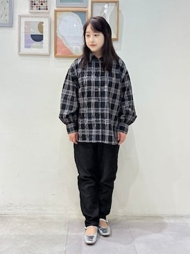 「Cutie Blonde（キューティーブロンド）の【着丈選べる】オーバーサイズのチェックシャツ（シャツ/ブラウス、ブラック系）」を使った、vanseさん（レディース・155cm）の秋コーディネート