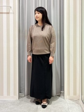 「DRESKIP（ドレスキップ）の【洗濯機可/S-LL/アンサンブル可】8分袖で手元を華奢に魅せる さらっとタッチニット（ニット/セーター、ブラウン系）」を使った、vanseさん（レディース・155cm）の秋コーディネート
