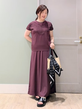 「grove（グローブ）の【持続冷感/SET UP可】ひんやりポンチシリーズ／フロントレースドルマンカットソー（Tシャツ/カットソー、ブラウン系）」を使った、チグ♪さん（レディース・151cm）の夏コーディネート