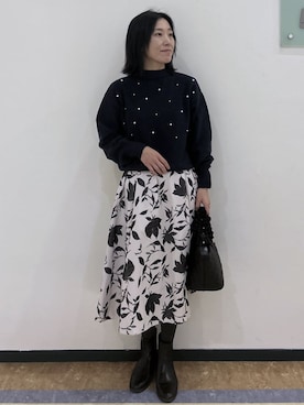 「index（インデックス）のフェイクパールふわふわニット【洗濯機OK】（ニット/セーター、ブルー系）」を使った、su.さん（レディース・162cm）の秋コーディネート