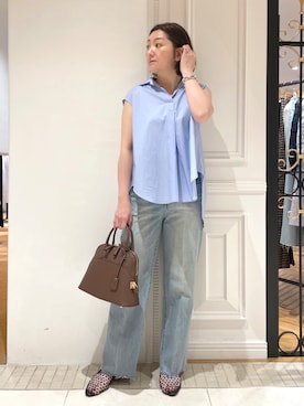 「DRESSTERIOR（ドレステリア）のフレンチスリーブ スキッパーブラウス（シャツ/ブラウス、ブルー系）」を使った、makiさん（レディース・161cm）の夏コーディネート