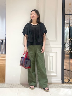 「DRESSTERIOR（ドレステリア）のラッセルレース ブラウス（シャツ/ブラウス、ブラック系）」を使った、makiさん（レディース・161cm）の夏コーディネート