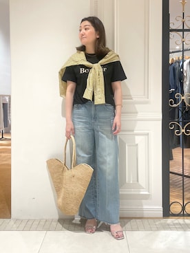 「DRESSTERIOR（ドレステリア）の【接触冷感／抗菌防臭／消臭】アイスクリアコットン Bonsoir ロゴTシャツ（Tシャツ/カットソー、ブラック系）」を使った、makiさん（レディース・161cm）の夏コーディネート