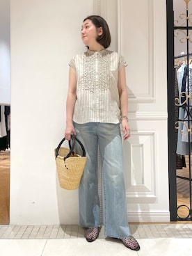 「DRESSTERIOR（ドレステリア）のストライプフレンチスリーブフリルブラウス（シャツ/ブラウス、ベージュ系）」を使った、makiさん（レディース・161cm）の夏コーディネート