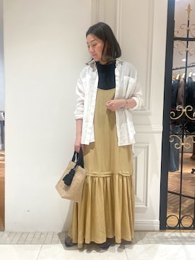「DRESSTERIOR（ドレステリア）の【ウォッシャブル】コットンシルクフレンチスリーブニット（ニット/セーター、ブラック系）」を使った、makiさん（レディース・161cm）の夏コーディネート