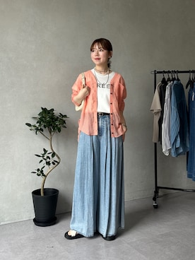 「un dix cors（アンディコール）のタックワイドフレアパンツ（その他パンツ、ブルー系）」を使った、m i n aさん（レディース・158cm）の春コーディネート