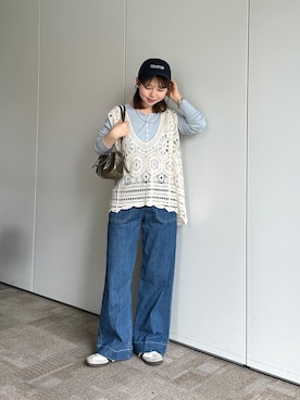 「un dix cors（アンディコール）のストレート薄デニムパンツ（その他パンツ、ブルー系）」を使った、m i n aさん（レディース・158cm）の春コーディネート