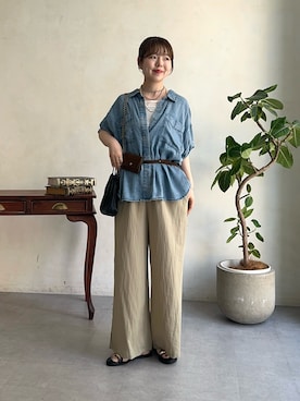「un dix cors（アンディコール）のデニム半袖シャツ（シャツ/ブラウス、ブルー系）」を使った、m i n aさん（レディース・158cm）の夏コーディネート