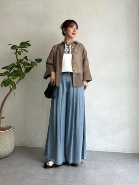 「un dix cors（アンディコール）のシアー半袖シャツ（シャツ/ブラウス、ブラウン系）」を使った、m i n aさん（レディース・158cm）の春コーディネート