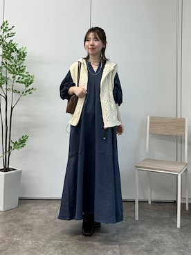 「un dix cors（アンディコール）のデニムライク袖ボリュームワンピース（ワンピース、ブルー系）」を使った、m i n aさん（レディース・158cm）の秋コーディネート