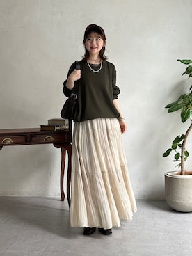 「un dix cors（アンディコール）のドロストプルオーバー（Tシャツ/カットソー、グリーン系）」を使った、m i n aさん（レディース・158cm）の夏コーディネート