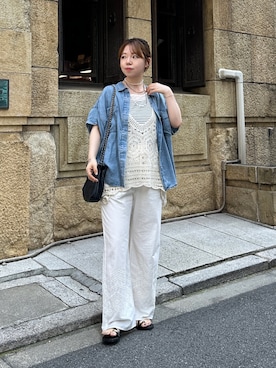 「un dix cors（アンディコール）のクロシェベスト（ニット/セーター、ホワイト系）」を使った、m i n aさん（レディース・158cm）の夏コーディネート