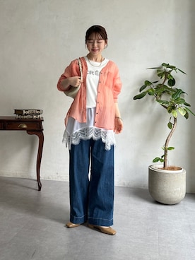 「un dix cors（アンディコール）のシアーマルチWAYシャツ（シャツ/ブラウス、ピンク系）」を使った、m i n aさん（レディース・158cm）の春コーディネート