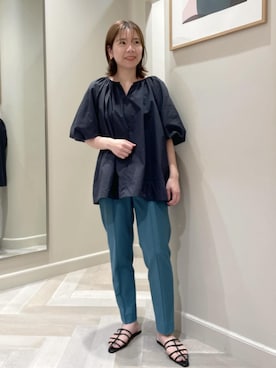 「ROPE'（ロペ）の【エディター三尋木奈保さんコラボ】前後2WAY華やぎバルーンスリーブブラウス【雑誌掲載】（シャツ/ブラウス）」を使った、ruiさん（レディース・155cm）の夏コーディネート