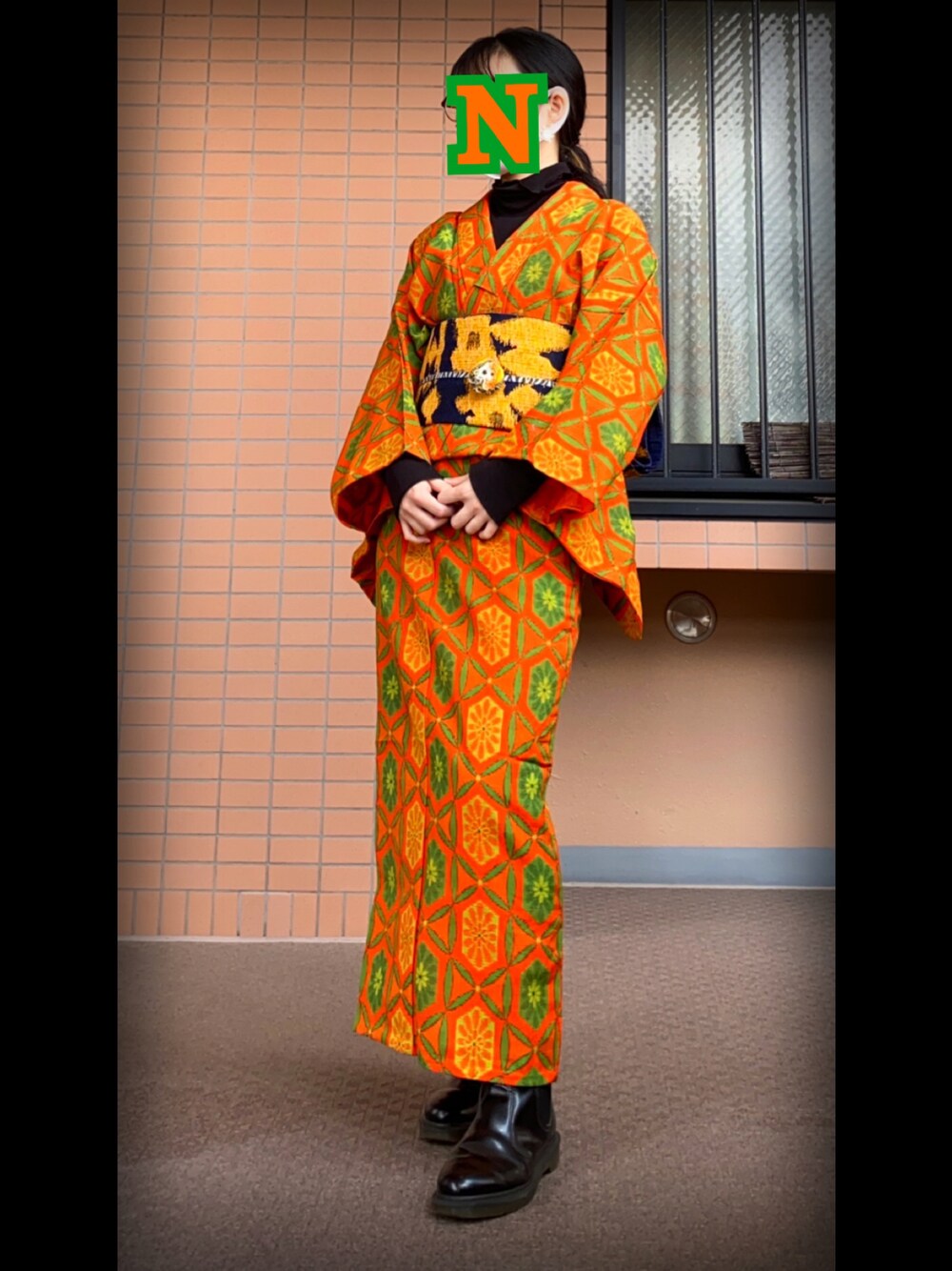 「着物コーデ、和洋折衷、着物×ブーツ」｜「no brandの単衣のアンサンブル👘（着物、オレンジ系）」を使った、mrs.nicolmicalsさん（レディース・151cm）の春コーディネートの1枚目の写真