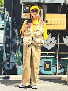 「アイテム（帽子、イエロー系）」を使った、かーちんさん（レディース・156cm）の夏コーディネート