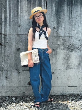「西松屋（ニシマツヤ）のアイテム（帽子、ベージュ系）」を使った、かーちんさん（キッズ・148cm）の夏コーディネート