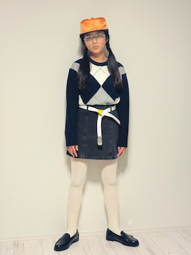「POTEN（ポテン）の【別注】POTEN / MESH CAP（キャップ、オレンジ系）」を使った、かーちんさん（キッズ・150cm）の秋コーディネート
